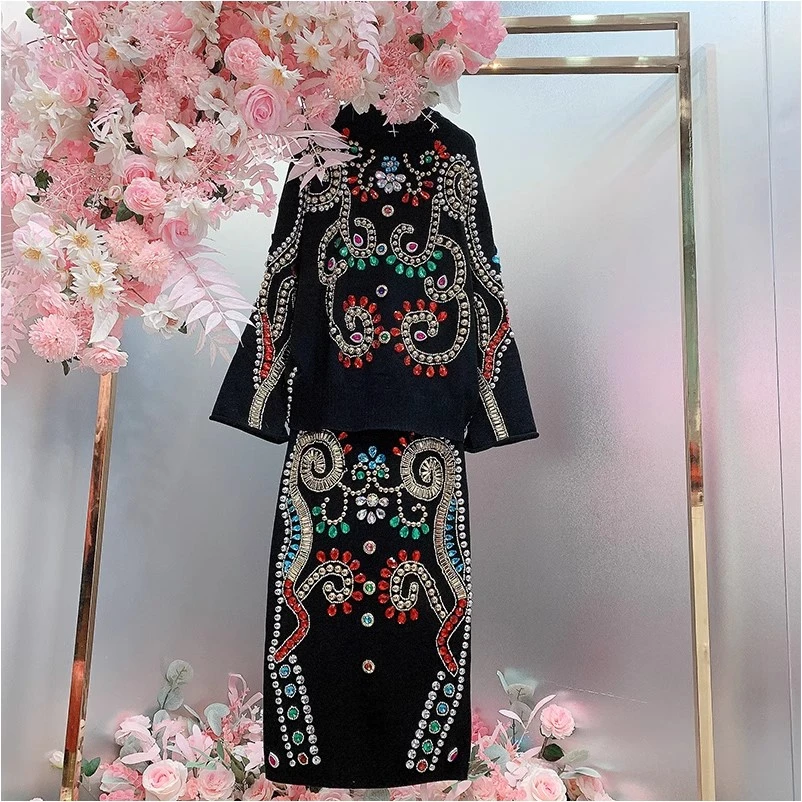 QD1077欧美设计师2024秋冬季新款重工彩色钉钻时尚针织毛衣套装裙