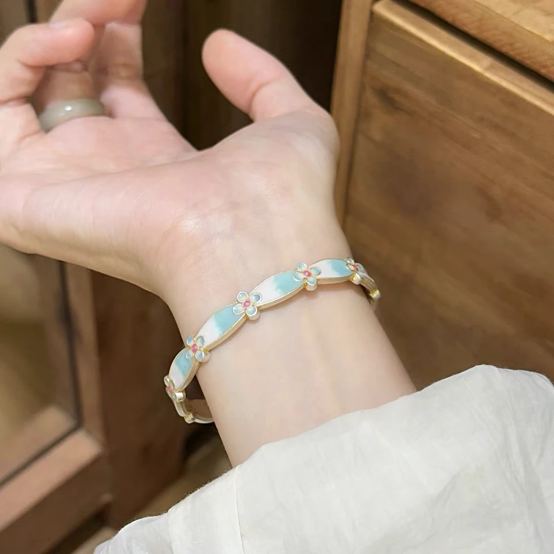 足银珐琅手镯 花漾  银奶奶足银999.9新中式珐琅彩小花银手镯