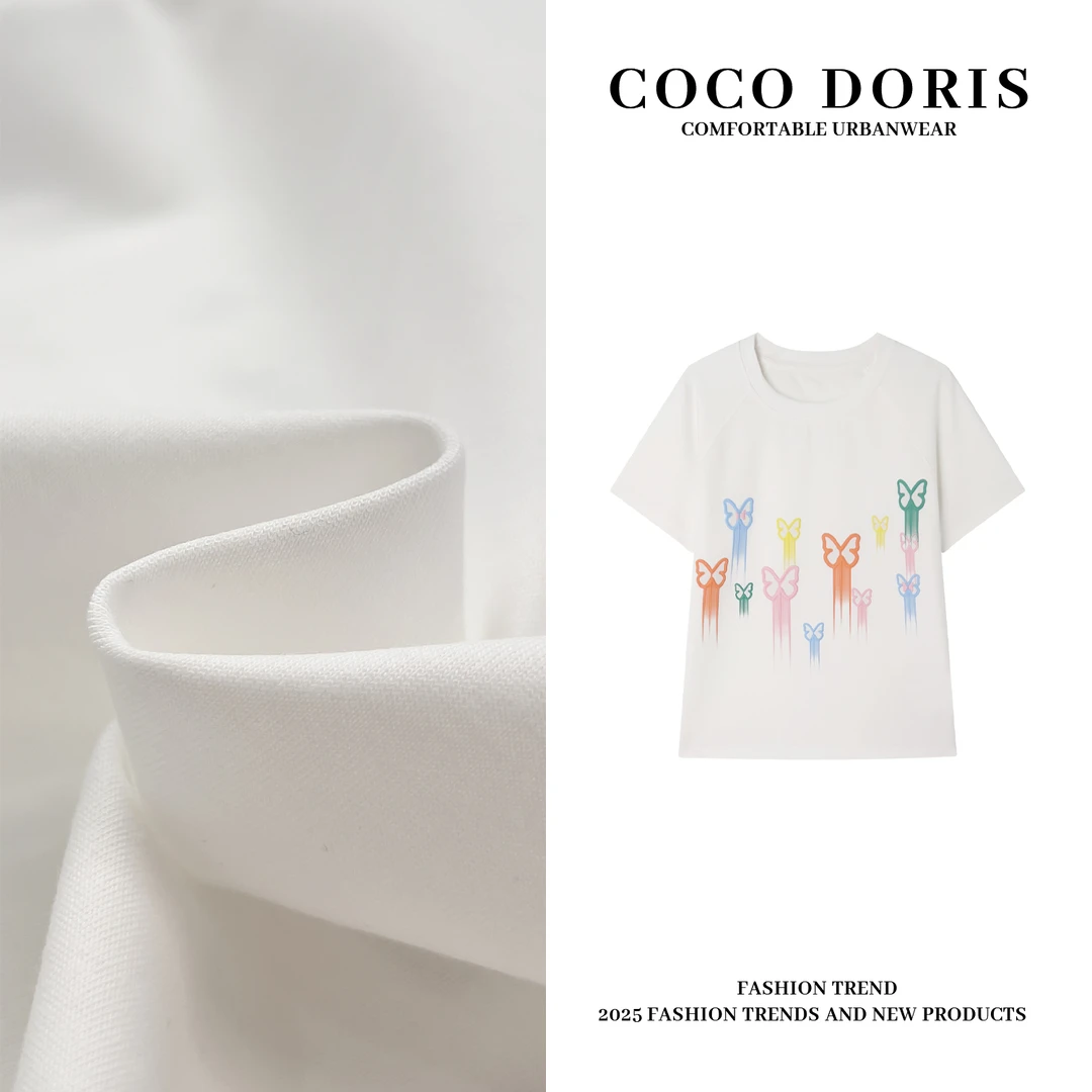 COCO DORIS 2025春夏新款彩虹蝴蝶印花圆领T恤通勤百搭上衣803