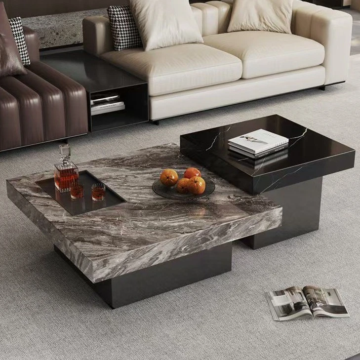 意式轻奢岩板方形茶几大客厅小户型极简大理石茶台设计师款茶桌