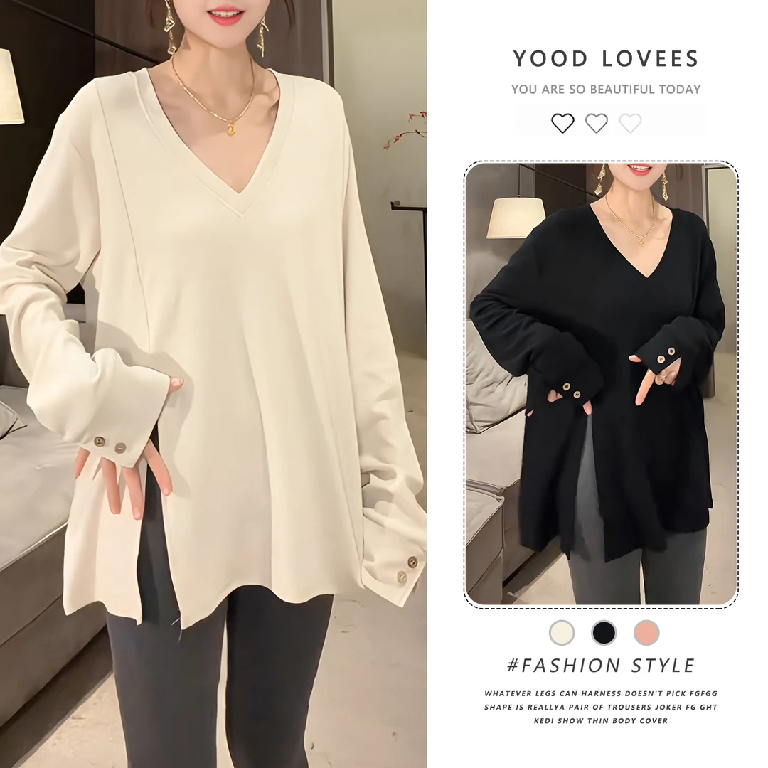 时尚中长款慵懒开叉V领长袖T恤女2025秋冬新款洋气内搭打底衫上衣