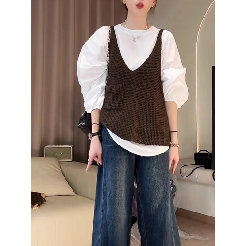 法式别致泡泡袖衬衣内搭女春秋季气质一整套穿搭叠穿坎肩针织马甲