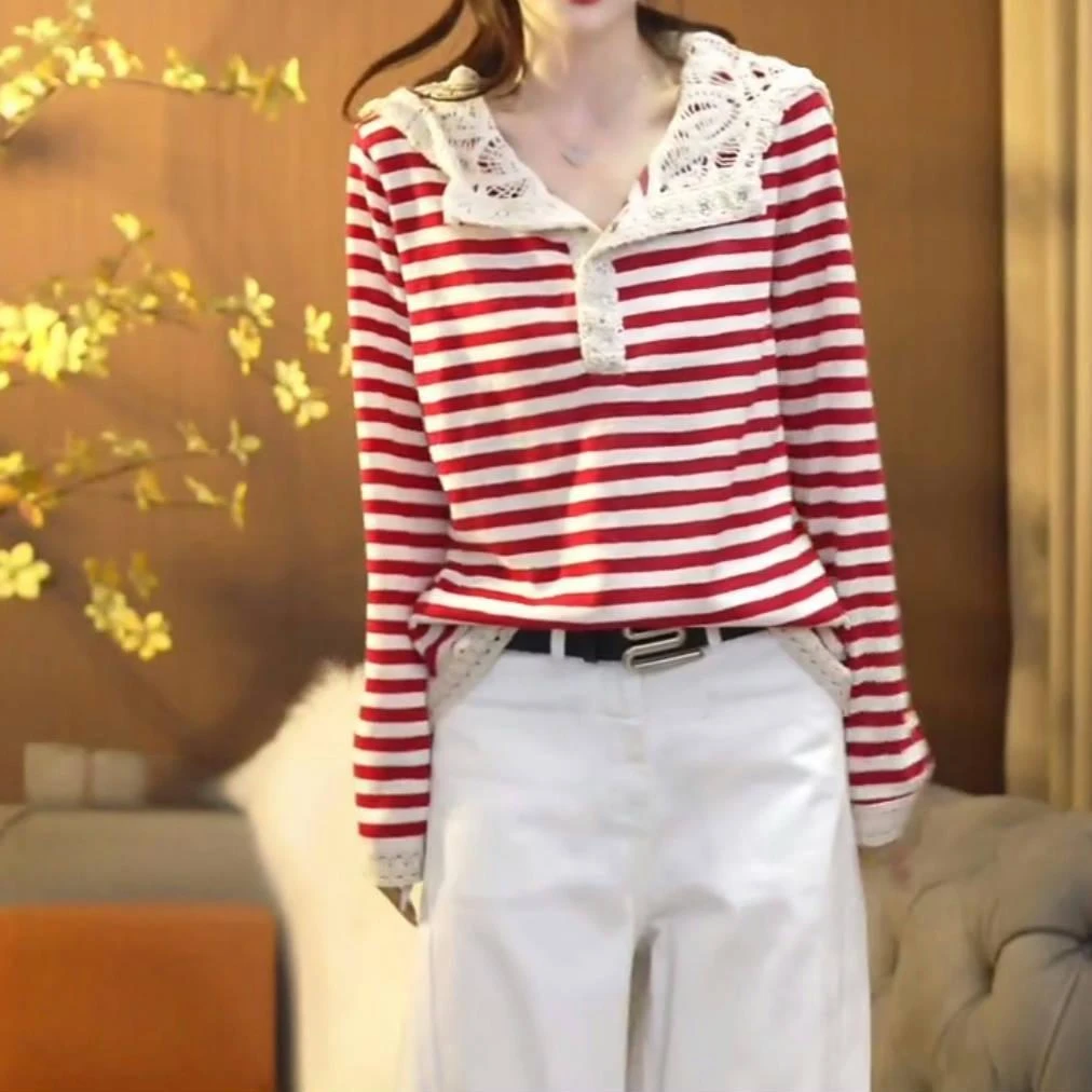2025春季新款设计感条纹蕾丝花边连帽长袖T恤女百搭显瘦长袖上衣