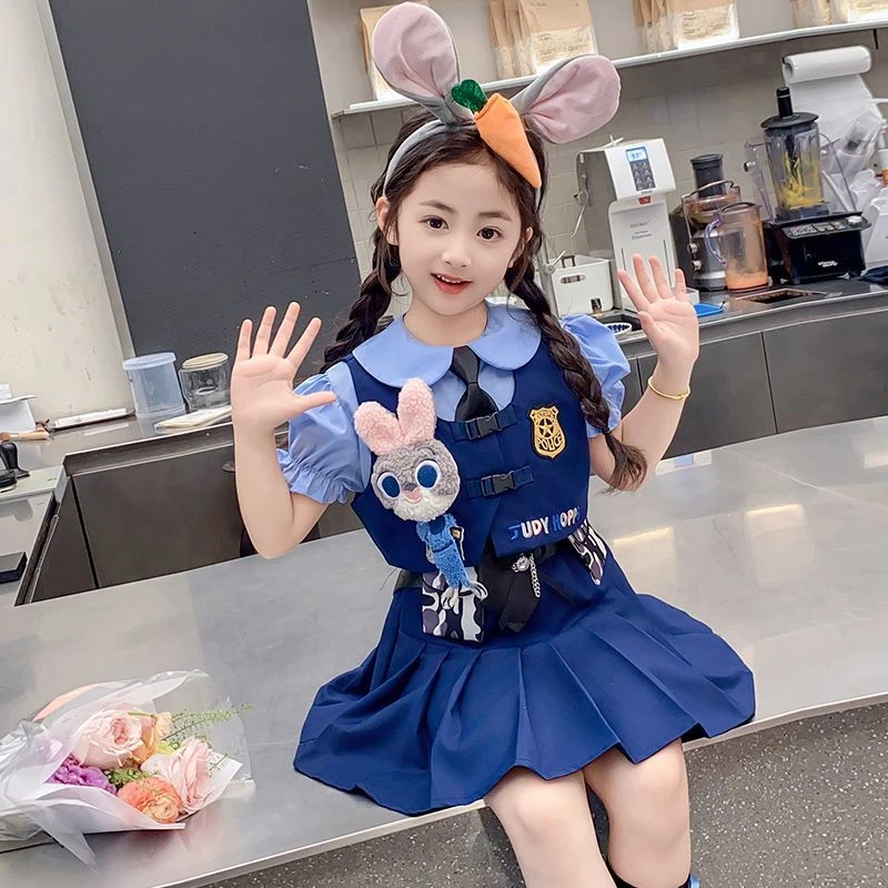 【店铺热销】兔子警官夏季儿童薄款短袖百褶裙套装学院风女童朱迪套
