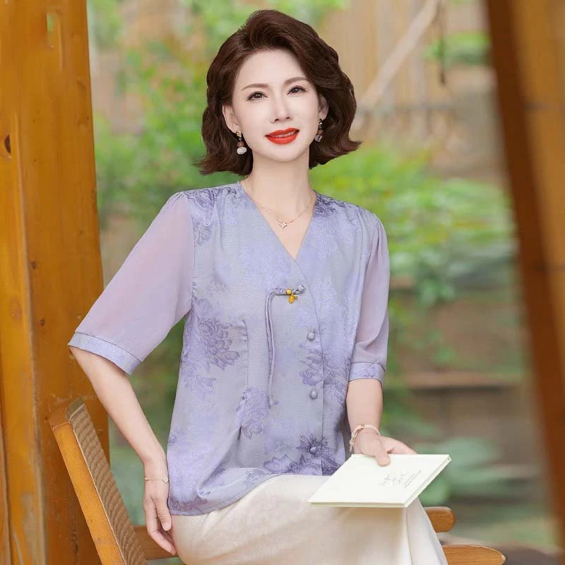 新中式母亲节妈妈夏季雪纺小衫套装2025新款中老年女春国风两件套