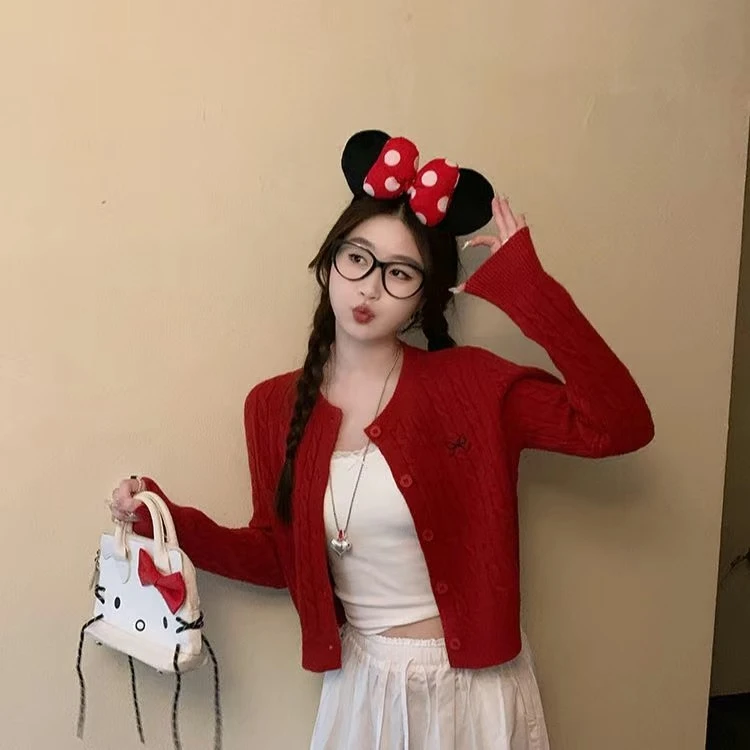 韩系多巴胺女2025新款蝴蝶结刺绣麻花针织开衫毛衣秋冬上衣穿搭