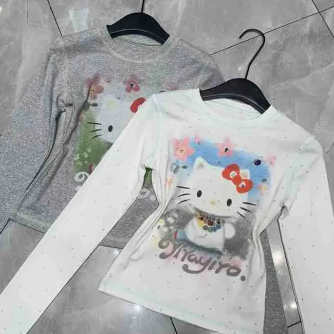 南油小众设计师新品花朵猫咪长袖T恤