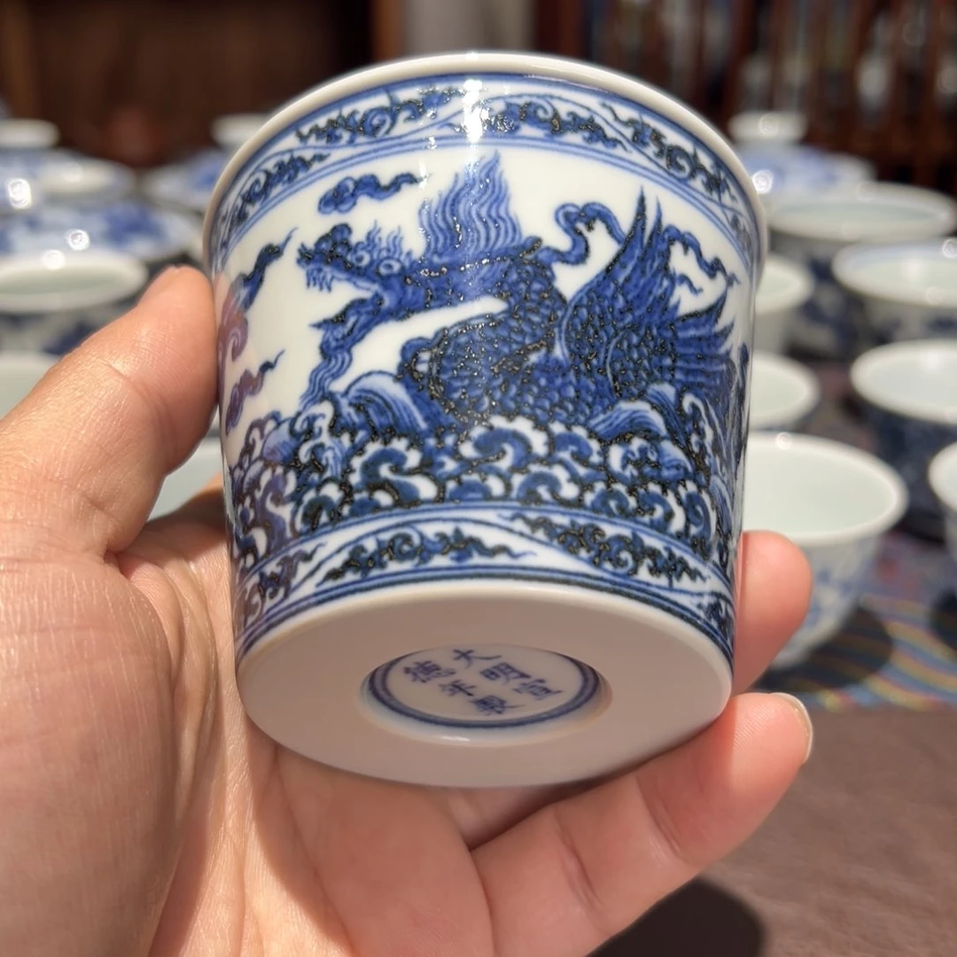 杯青花海水应龙小可乐杯口径约8.5厘米
