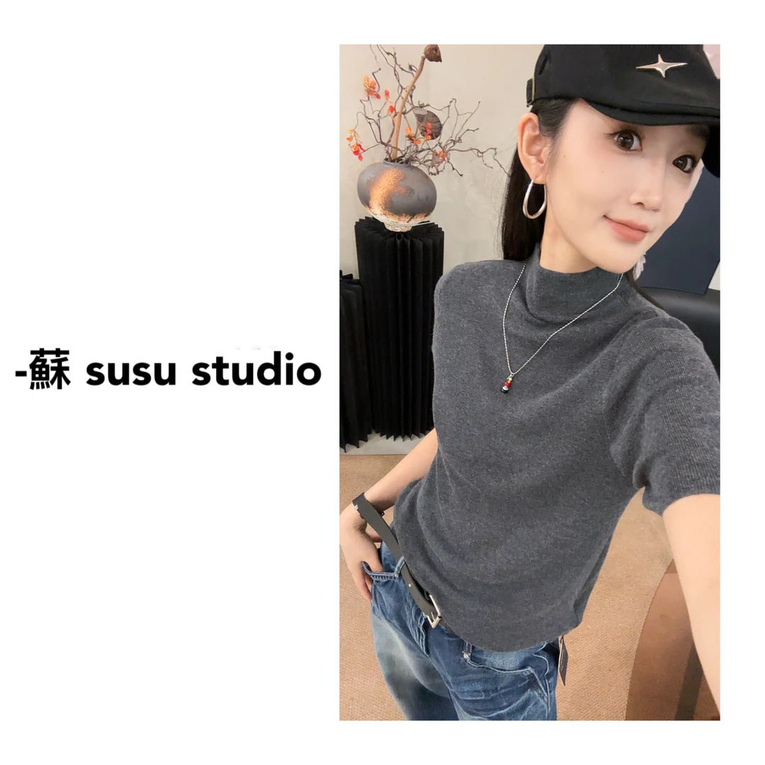 JS赫本风高领短袖针织上衣女2025秋季显瘦百搭内搭打底衫0820