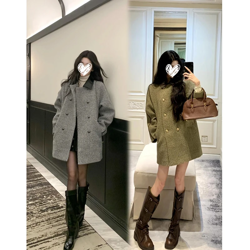 【暖调序曲】加厚毛呢拼接皮外套韩版学院风宽松上衣大衣冬季新款