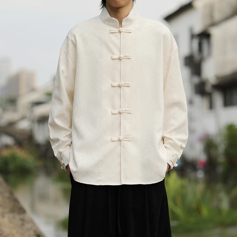 唐装男外套秋季中国风暗纹提花长袖衬衫复古新中式立领中山装茶服