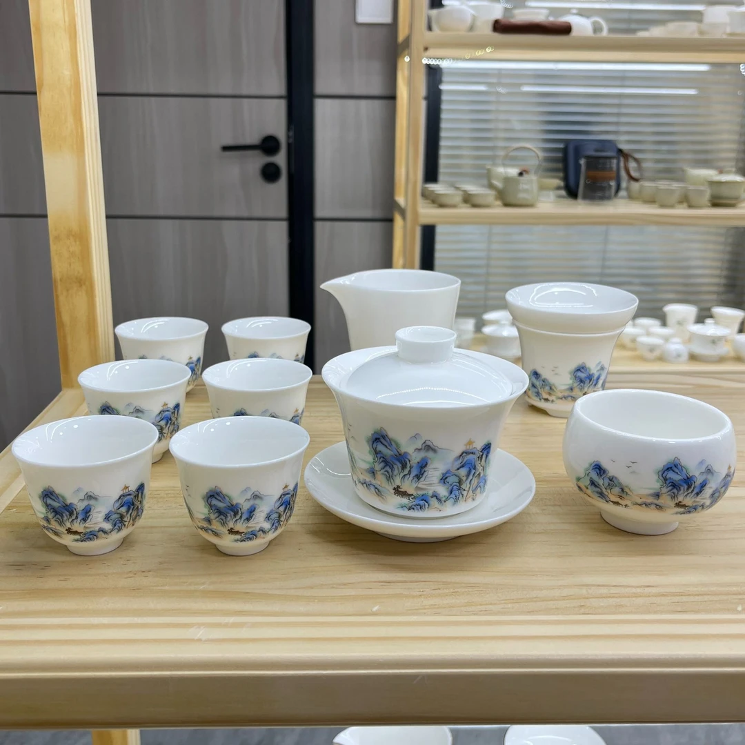 江山如画11件套 羊脂玉白瓷功夫茶具套装 安全泡沫包装