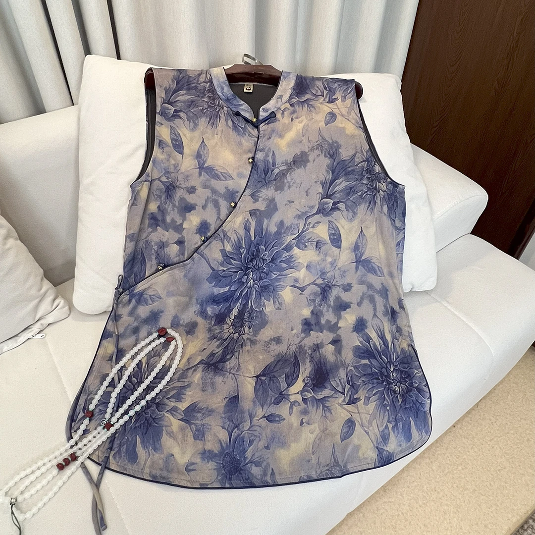 【蓝芷-中长款】国风提花无袖2025新款薄款新中式中长背心上衣女