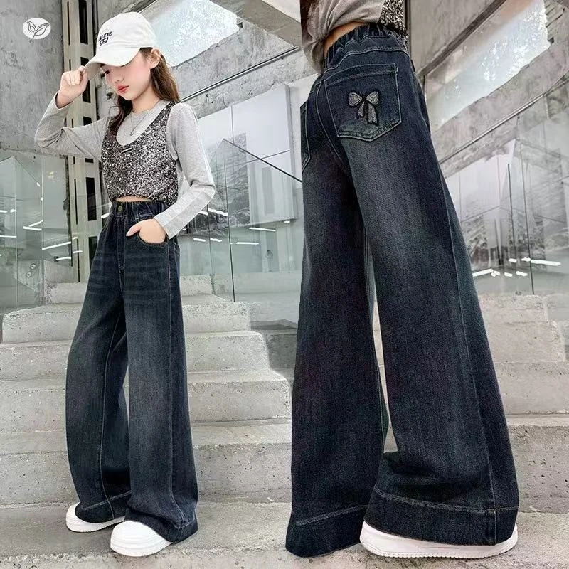 女童牛仔裤2025新款秋装宽松阔腿裤初中生儿童裤子女孩直筒裤大童