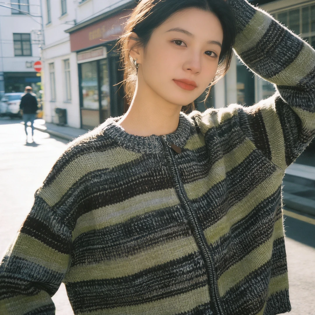 韩代25秋冬休闲简约双开拉链宽松慵懒松弛羊毛针织开衫7645