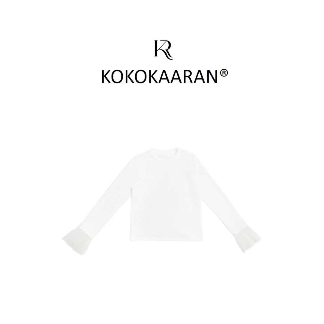 kokokaaran/可可咔伦 圆领喇叭袖拼接网纱蕾丝长袖T恤SH241191