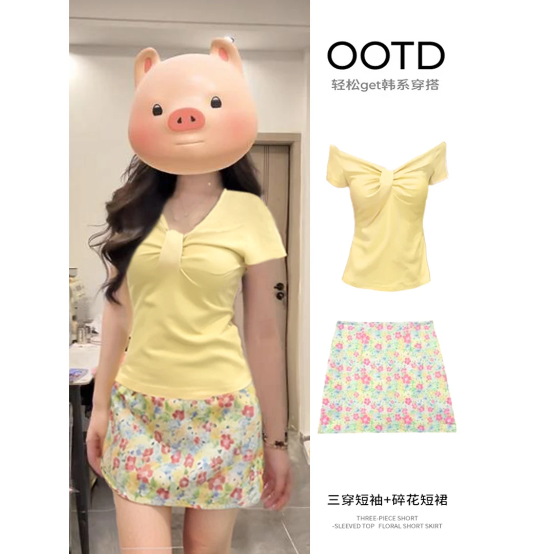 夏日漂亮绝美一字肩上衣设计感小众V领露肩黑色短袖修身正肩女T恤