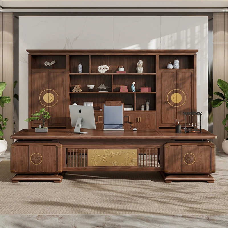 北美黑胡桃木办公桌总裁大班台新中式实木老板桌椅套装