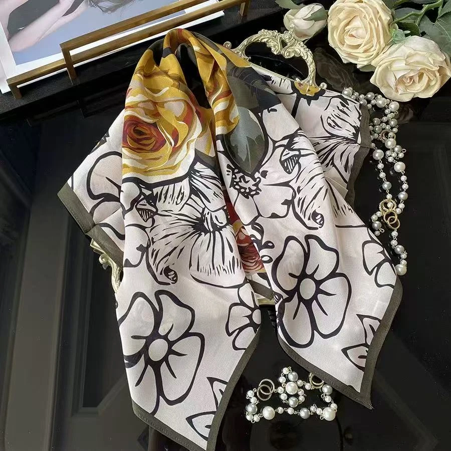 油画玫瑰70*70左右方巾百搭方巾披肩新款薄围巾