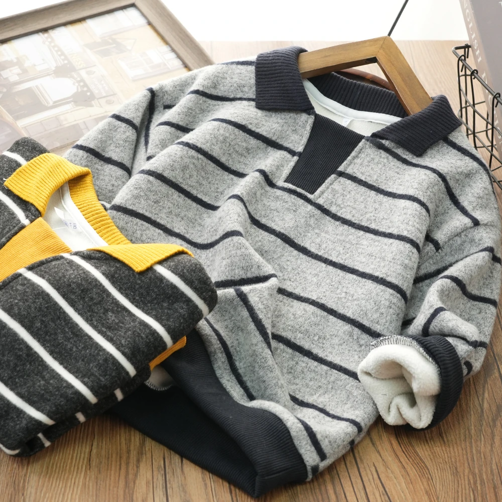 翻领条纹加绒卫衣秋冬款儿童时尚上衣中大童抓毛长袖5529