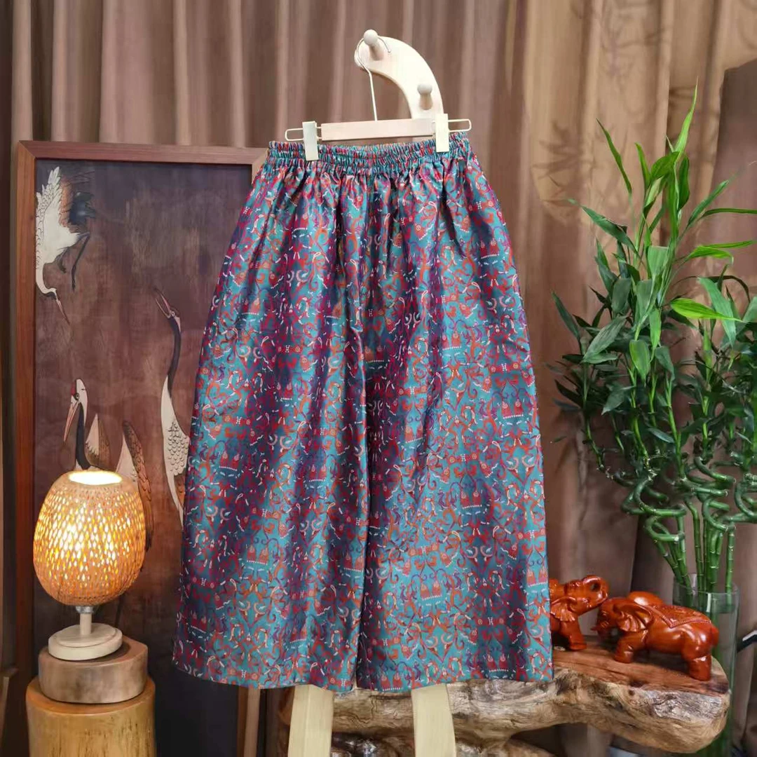 富美 · 国风【麦穗】绿色蜀锦九儿裤F9151双面穿休闲松紧腰复古百搭