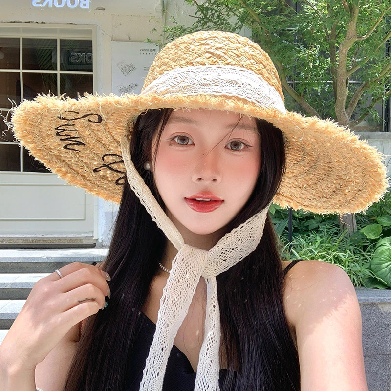 法式蕾丝飘带拉菲草帽女夏季海边度假大帽檐遮阳防晒帽沙滩太阳帽