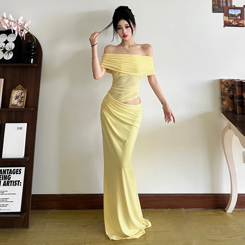 Malou 夏日明艳亮色遮腰一字肩网纱拼接显瘦连衣裙女K24D59773