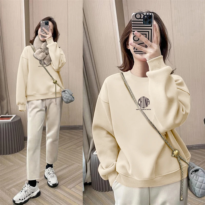 2025新款秋冬季圆领卫衣女装设计感宽松休闲洋气加绒加厚上衣外套