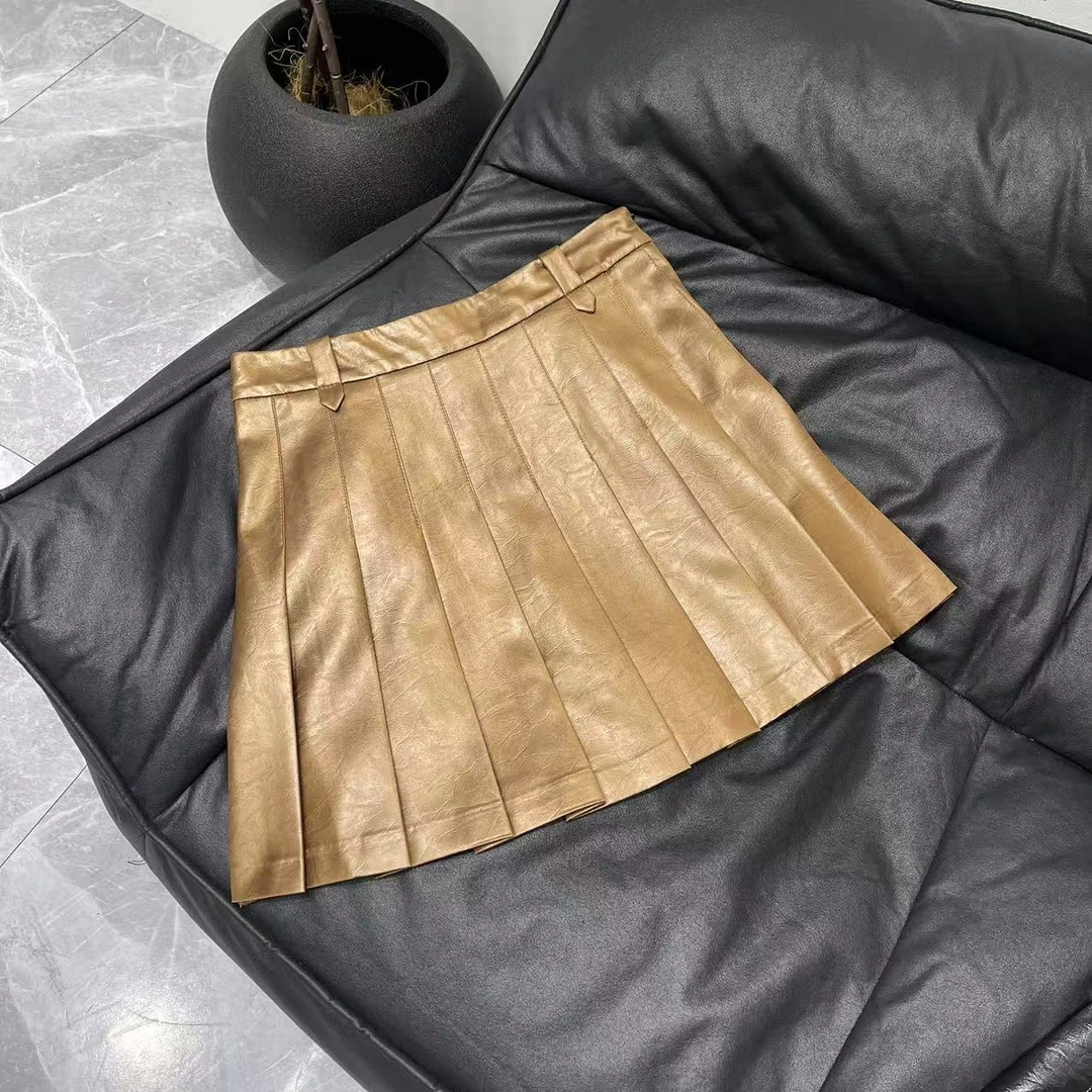 【晨浠定制】新款时尚轻奢百搭百褶皮半裙1777