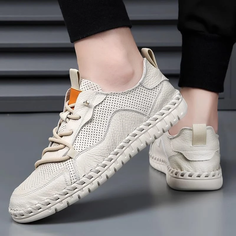 男鞋春夏镂空透气2025新款休闲男士皮鞋潮流百搭低帮软底板鞋男款