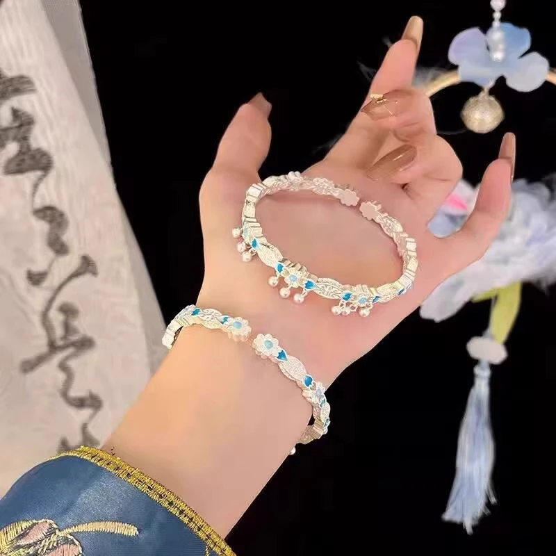 蓝盈花铃铛纯银手镯足银999珐琅彩开口实心送女友礼物