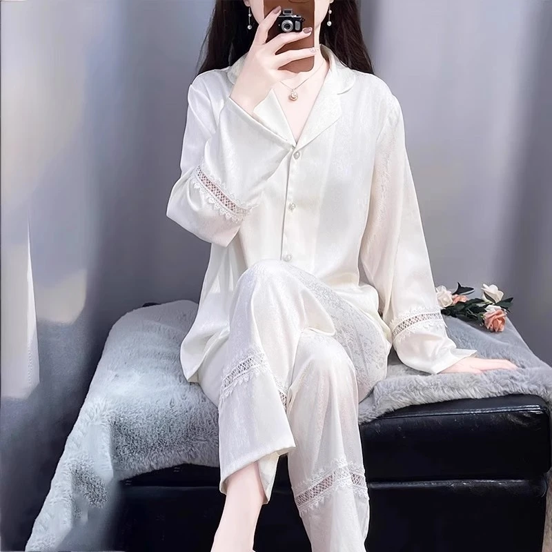 tpvl水光绸2025新款睡衣女春秋提花拼接家居服套装高级感可外穿