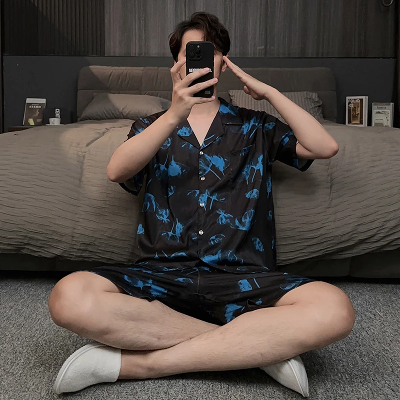 男士冰丝睡衣薄款夏季款可外穿度假风大码夏天短袖家居服青年套装