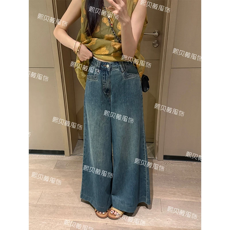 熙贝薇8【甩甩裤】港风复古重工慵懒风高腰宽松阔腿牛仔裤 G7813