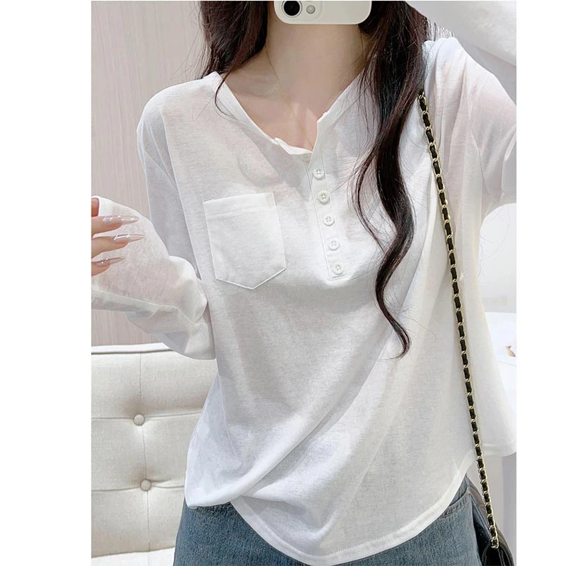 2025夏季新款不规则白色小众设计感长袖T恤女宽松显瘦ins上衣