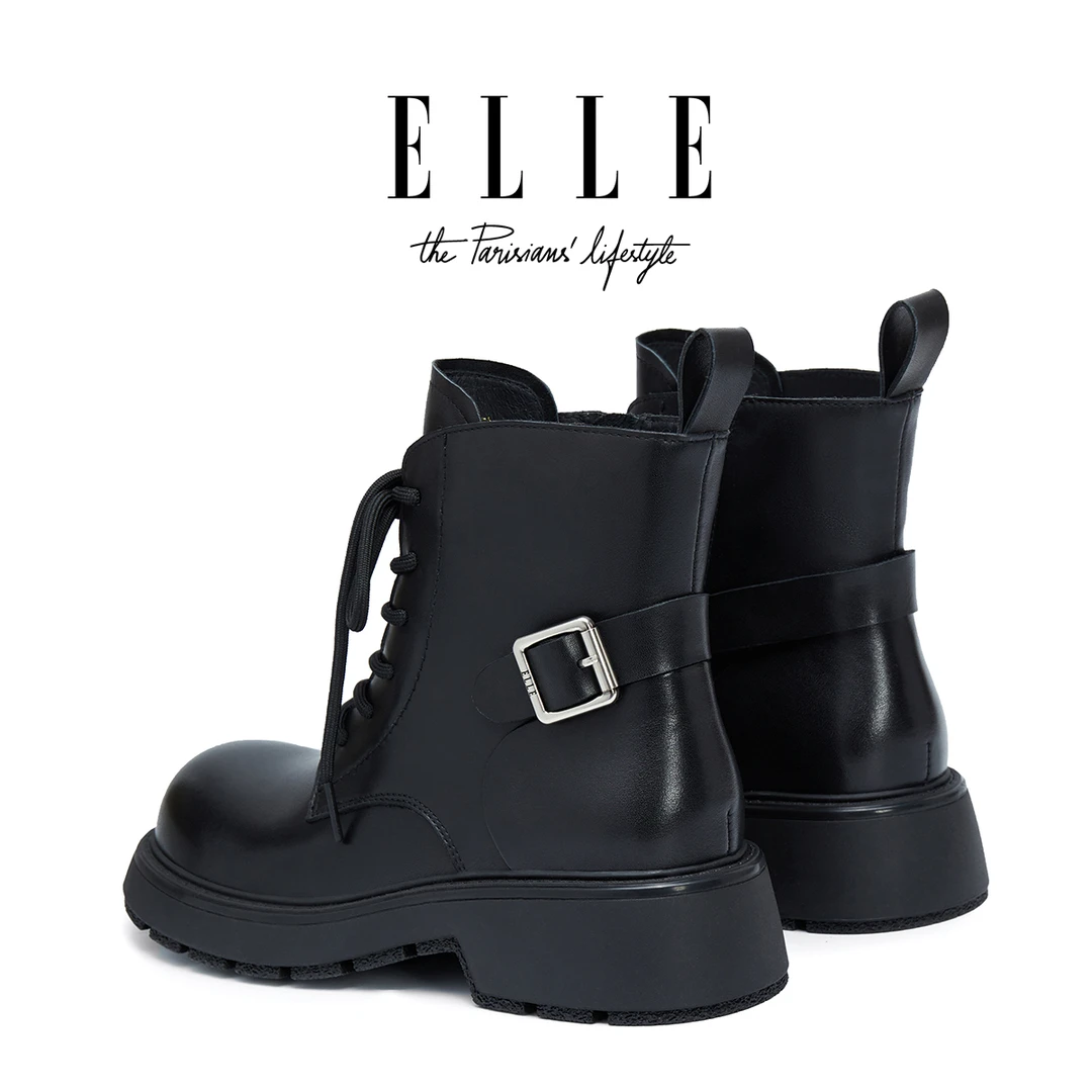 ELLE真皮短靴复古英伦风马丁靴女2025新款粗跟皮带扣中筒机车靴子