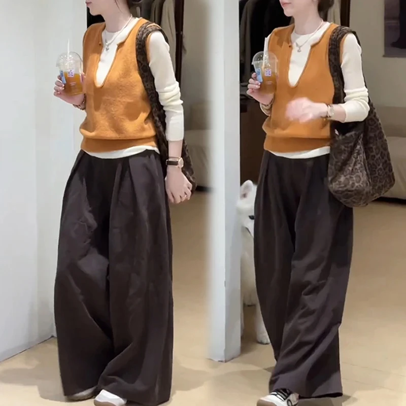 韩系撞色两件套长袖针织衫女秋季新款慵懒风宽松打底衫内搭上衣