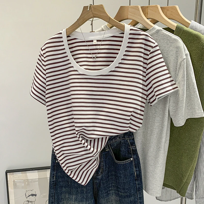 【Q】2025春夏新款拼色条纹U领短袖宽松舒适t恤上衣女250122