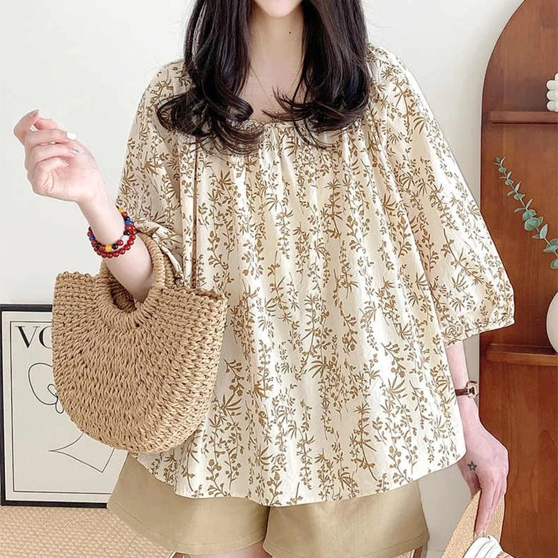 娃娃衫上衣女夏2025年新款法式甜美一字领灯笼袖碎花棉七分袖衬衫