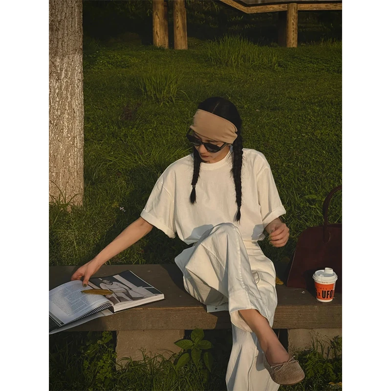 慵懒风松弛感套装圆领短袖简约气质T恤上衣百搭显瘦直筒休闲长裤