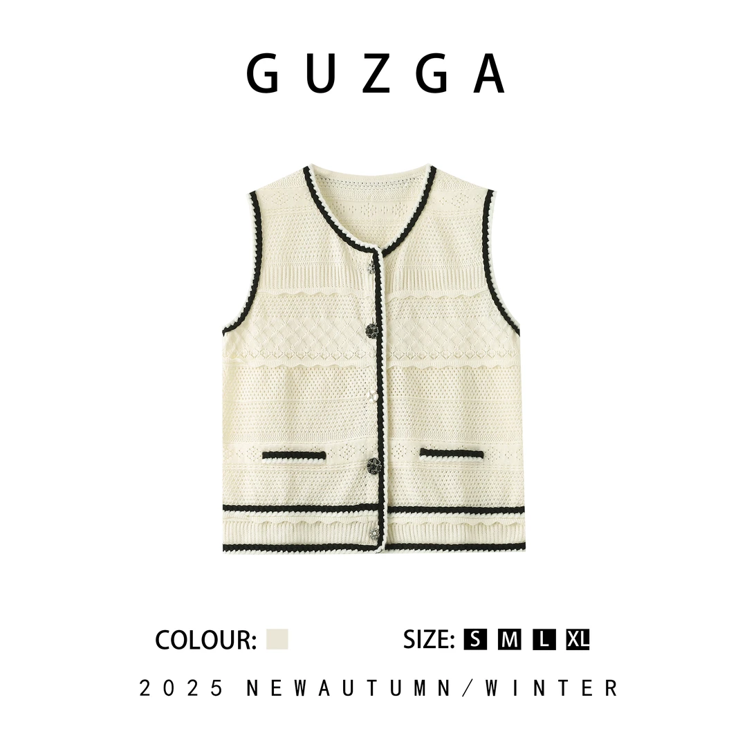 GUZGA【溪涧山雪】早秋小香风时尚休闲针织衫无袖老钱风上衣女