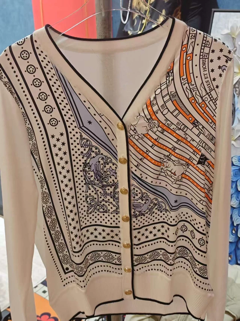 【265】秋冬新品时尚百搭印花宽松开衫气质V领休闲女士上衣