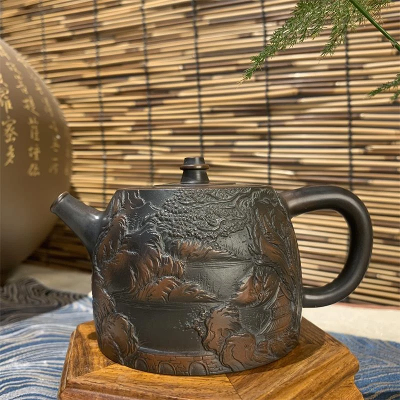 [大易古陶]纯手工浮雕山水汉铎壶大容量宽口家用办公坭兴陶泡茶壶