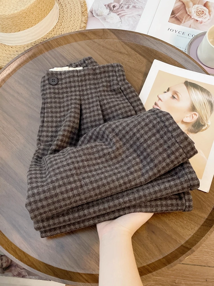 【加厚双面呢】秋冬复古格子裤女半松紧垂感宽松百搭显瘦经典阔腿裤
