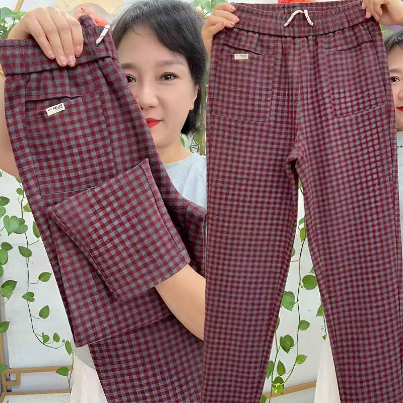 加厚毛呢格子休闲裤女秋冬新款高腰显瘦小脚哈伦裤宽松时尚老爹裤