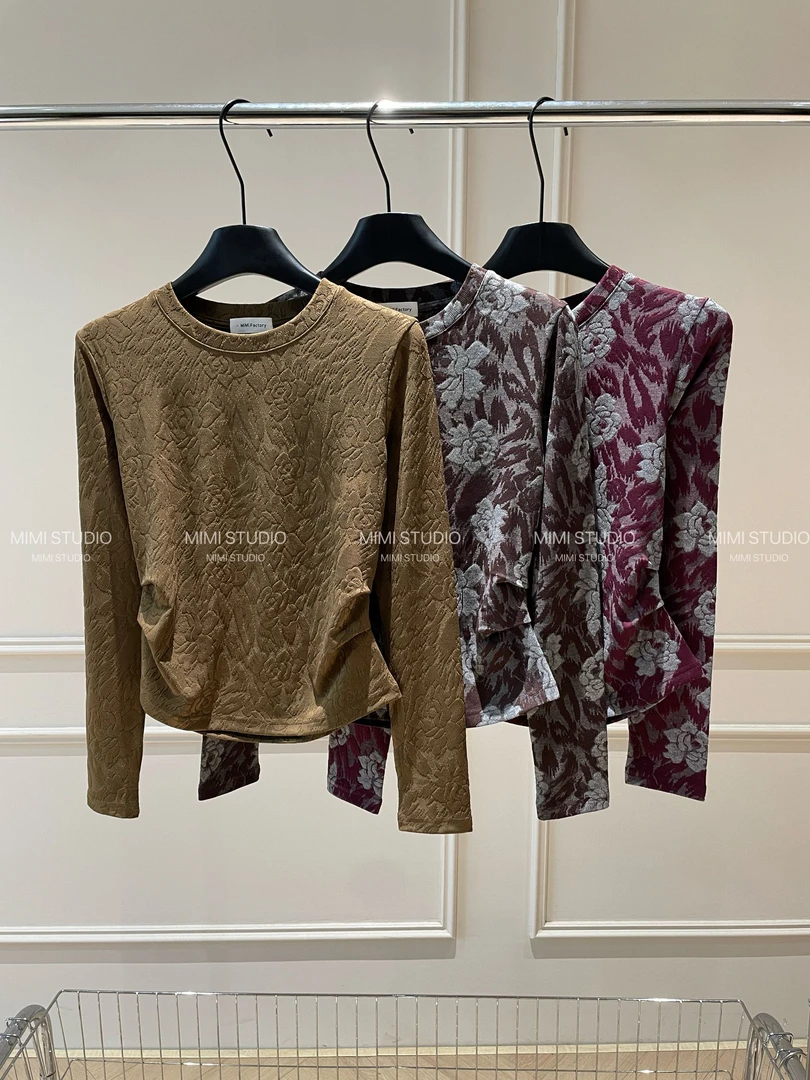 2025秋冬新款 玫瑰花植绒印花设计感女修身显瘦洋气上衣#736