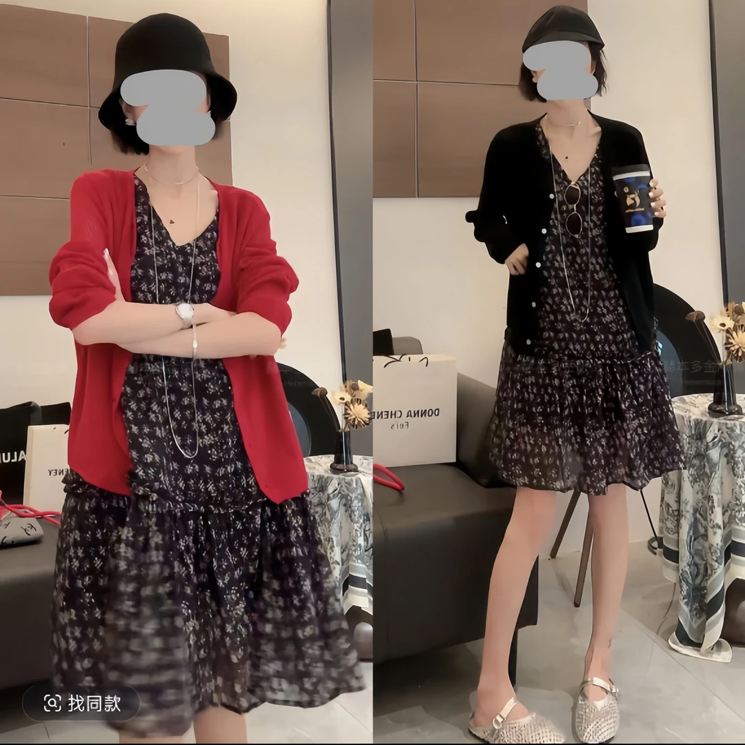 2556＃3新款套装镂空针织莱赛尔亚麻开衫夏法式撞色碎花V领连衣裙