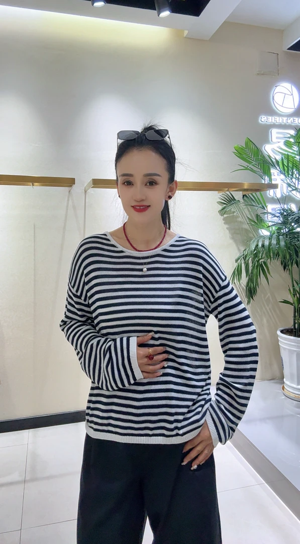 防晒常规款圆领长袖通勤条纹T恤针织