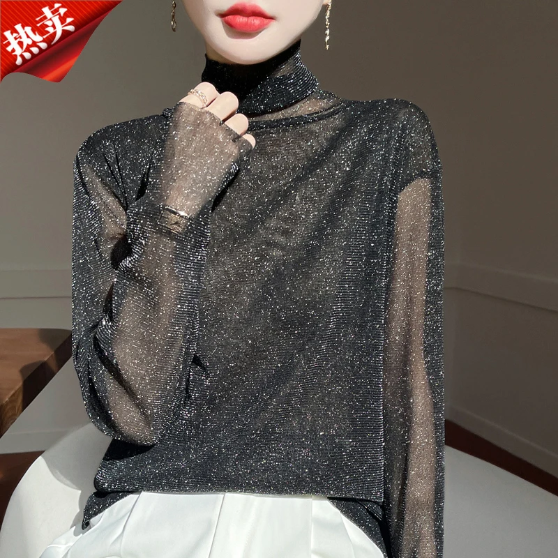 时尚品牌正品重工银丝纱透视上衣气质高领网纱镂空内搭打底衫秋