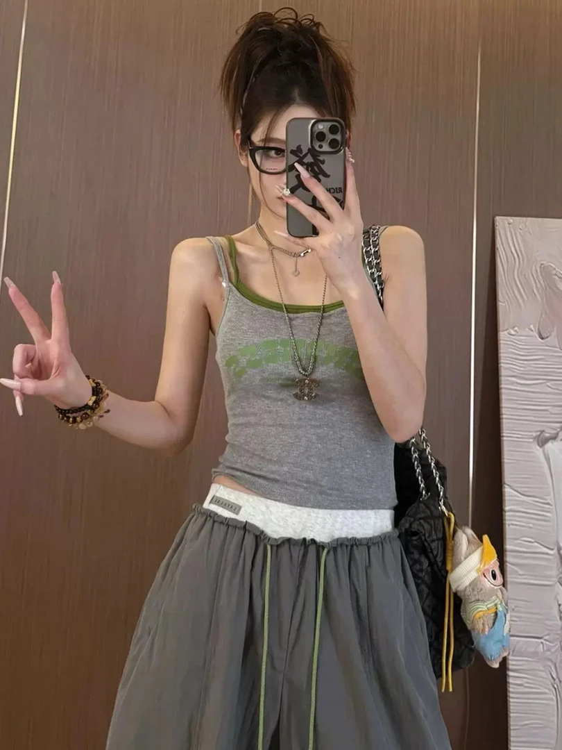 4号YY 甜酷辣妹工字美背带胸垫短款吊带背心内搭外穿